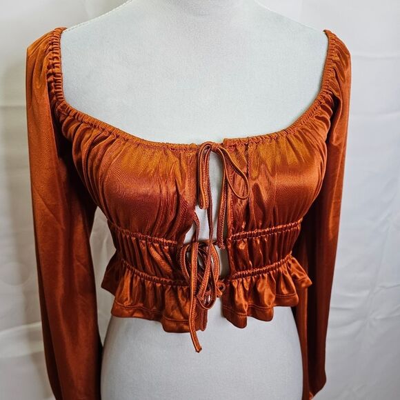 Forever 21 Chestnut Brown Satin Puff Sleeve Tie Front Crop Top Size Medium - Picture 4 of 10